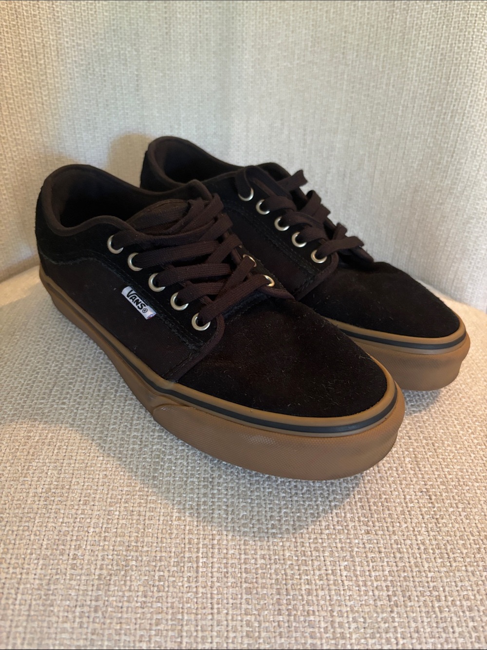 Size 7.5Vans Men’s Low-Top Suede and canvas Sneakers - Black Upper with Gum Sole